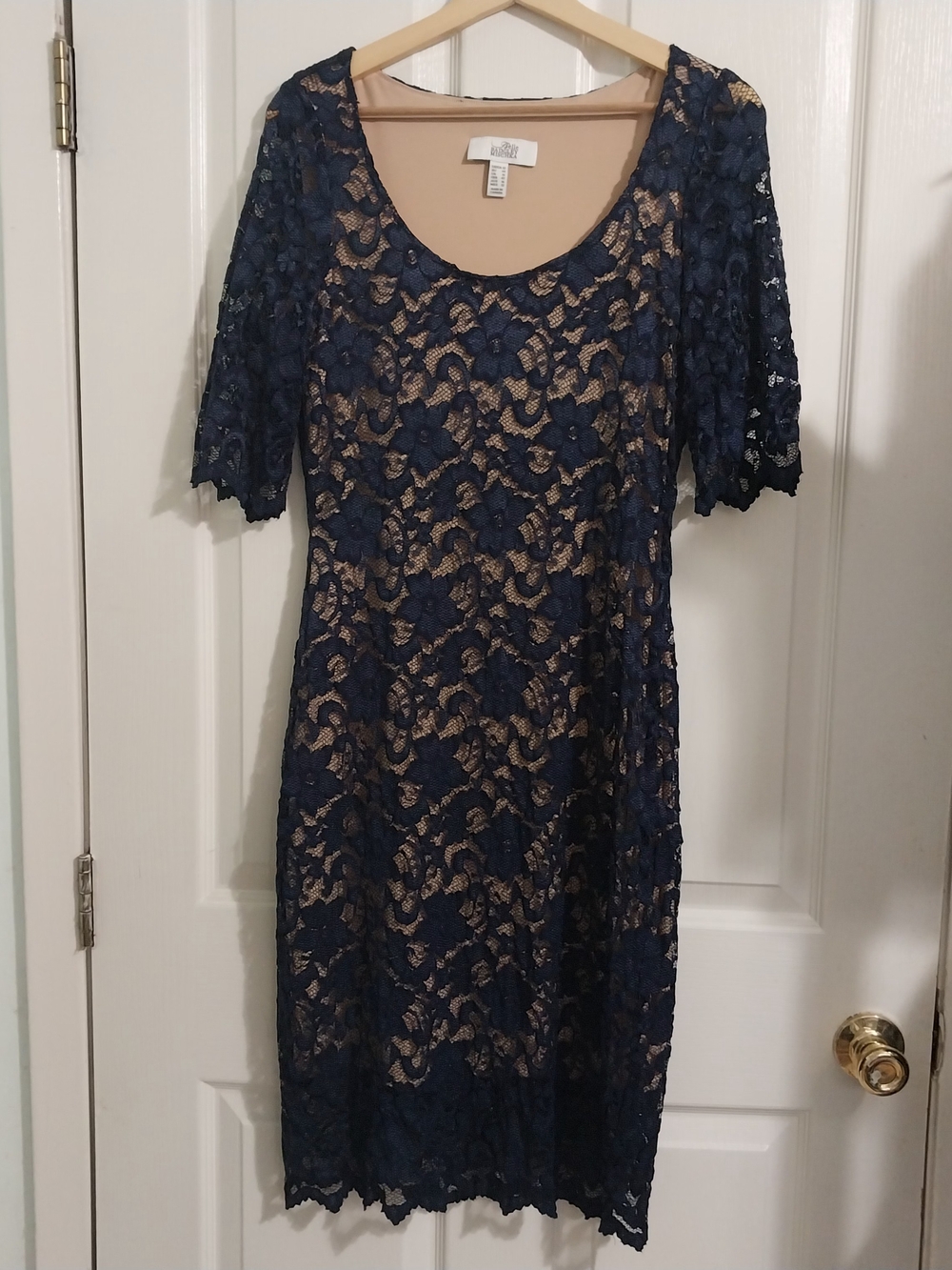 Badgley Mischka Navy Lace Overlay Dress with Nude Lining. Excellant Condition.